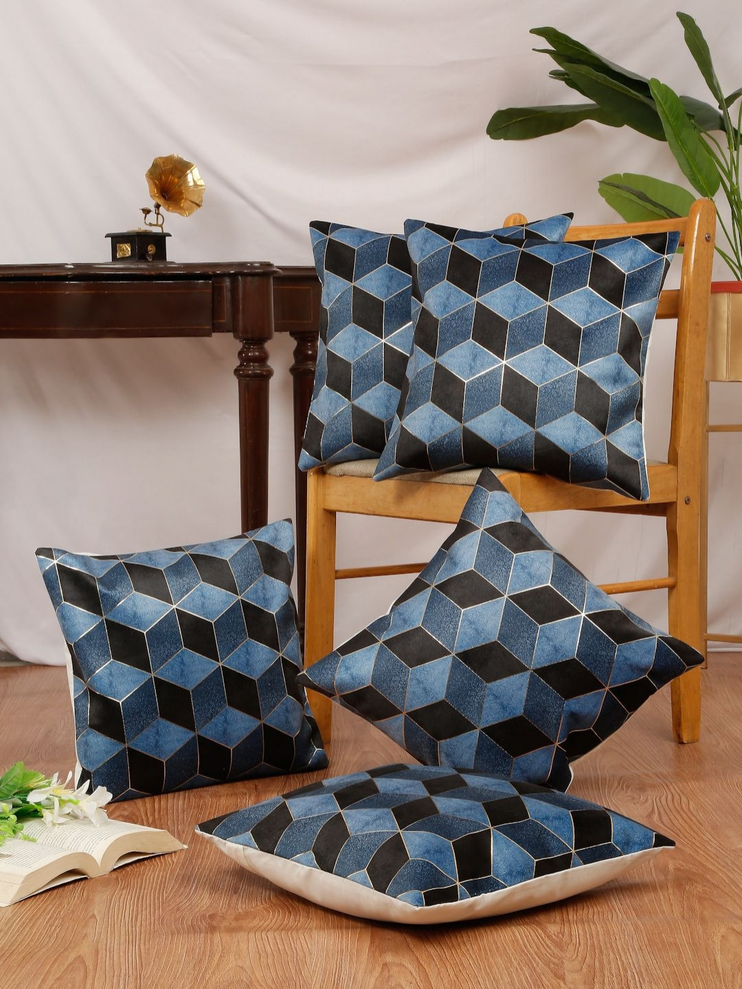 DREAM WEAVERZ Blue 5Pcs Printed & Embroidered Gold Toned Foil Velvet Square Cushion Covers