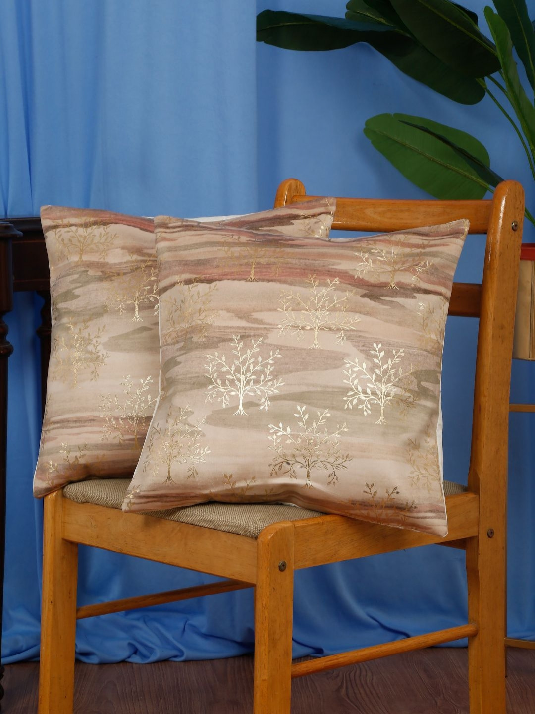 DREAM WEAVERZ Printed Polyester Silk Durable 2 Pcs Embroidered Cushion Covers -16x16In