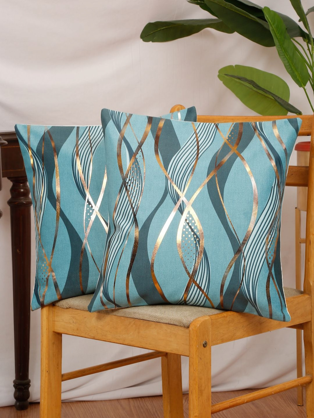 DREAM WEAVERZ Turquoise Blue Embroidered Gold Toned Foil Velvet Square Cushion Covers