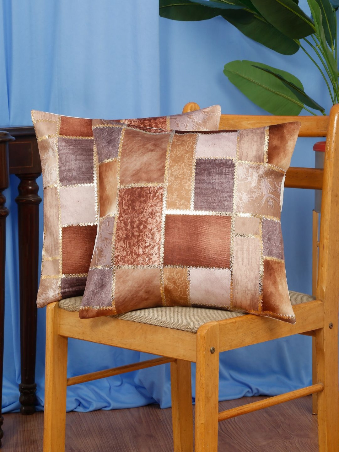 DREAM WEAVERZ Brown 2Pcs Printed & Embroidered Gold Toned Foil Velvet Cushion Covers