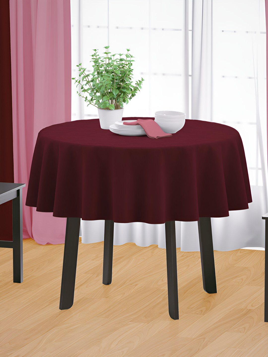 HOME COLORS.IN Maroon Cotton Round 2-Seater Table Cover