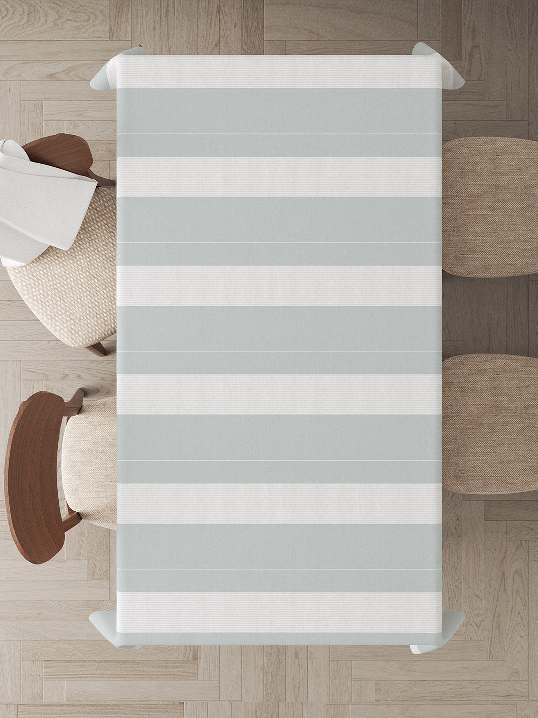 HOME COLORS.IN Green & White Striped Pure Cotton 4-Seater Table Cover