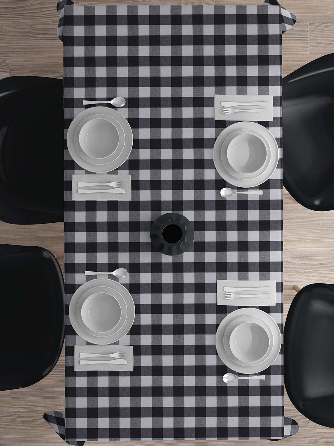 HOME COLORS.IN Black & White Checkered Cotton 6 Seater Table Cover