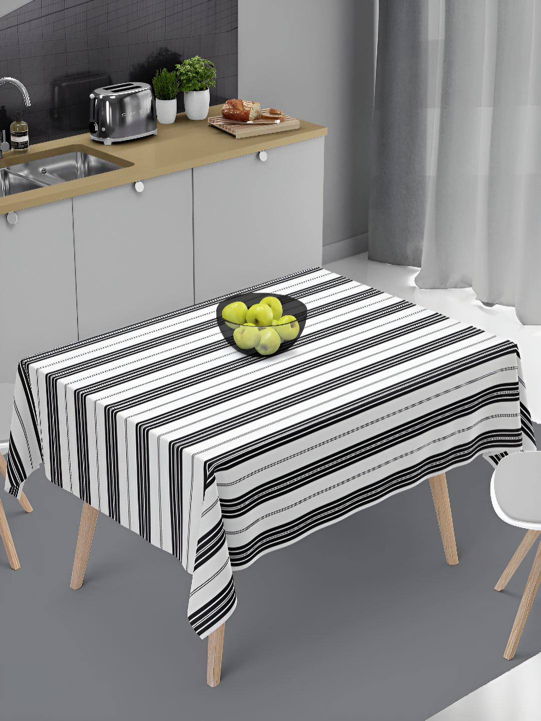 HOME COLORS.IN White & Black Striped Pure Cotton 2-Seater Table Cover