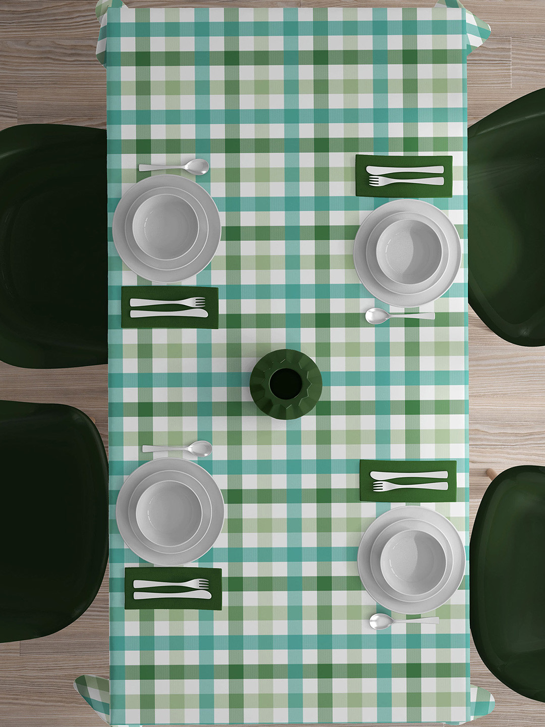 HOME COLORS.IN Green & White Checkered Cotton 6 Seater Table Cover