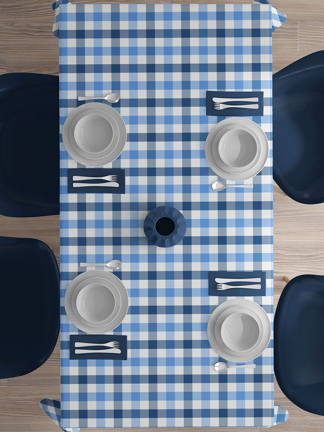 HOME COLORS.IN Blue & Cream Checkered Cotton 6 Seater Table Cover