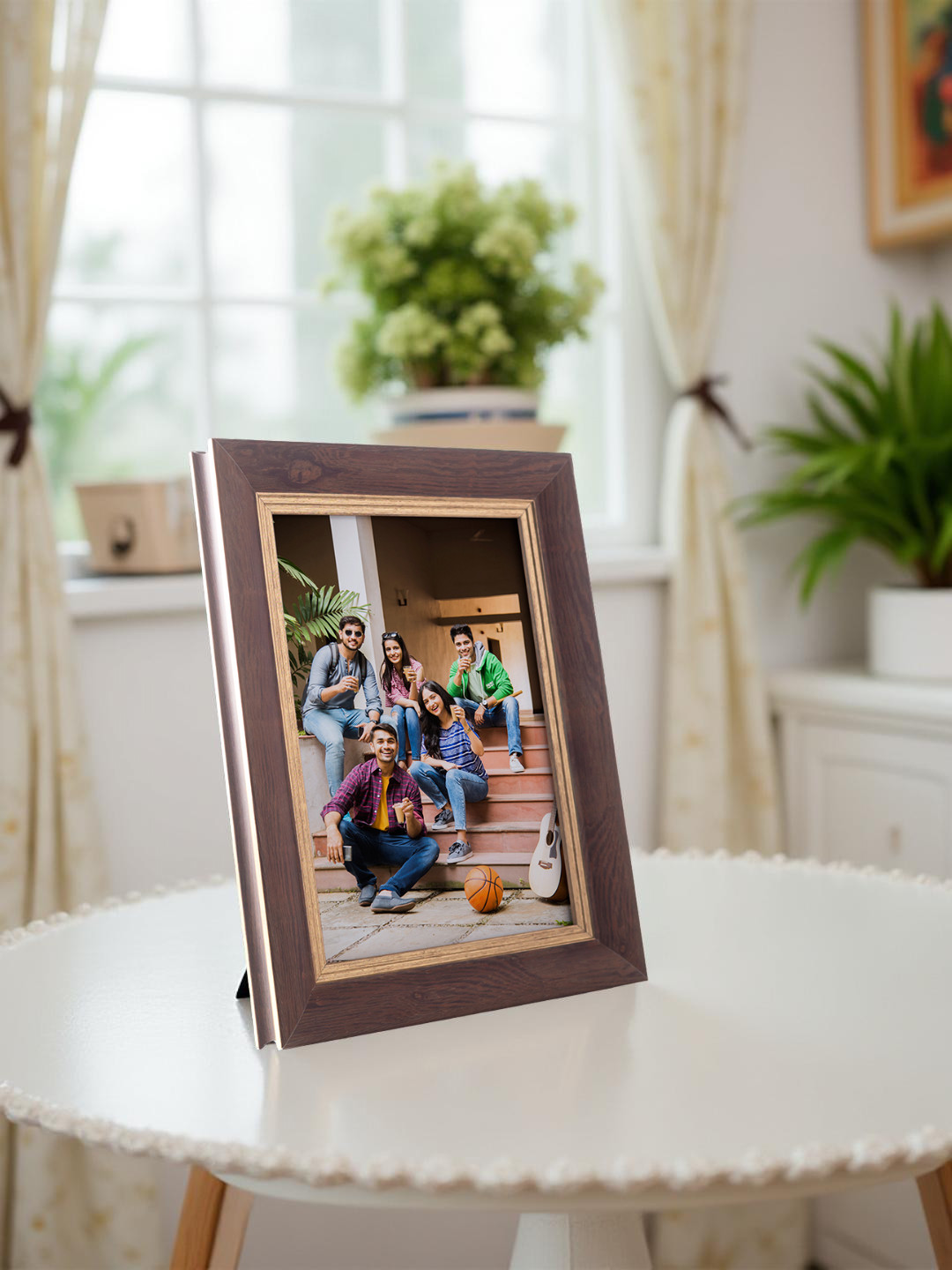 Golden Peacock Brown Self Design Table Top Photo Frame