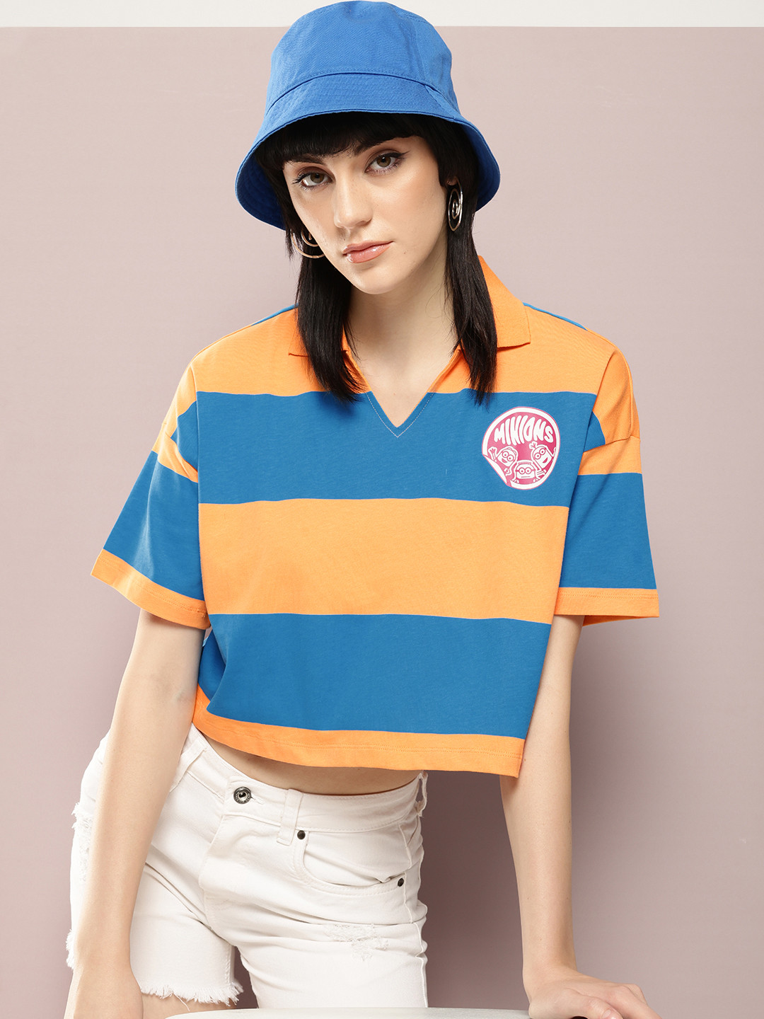 Kook N Keech Minions Striped Polo Collar Drop-Shoulder Sleeves Pure Cotton Boxy T-shirt