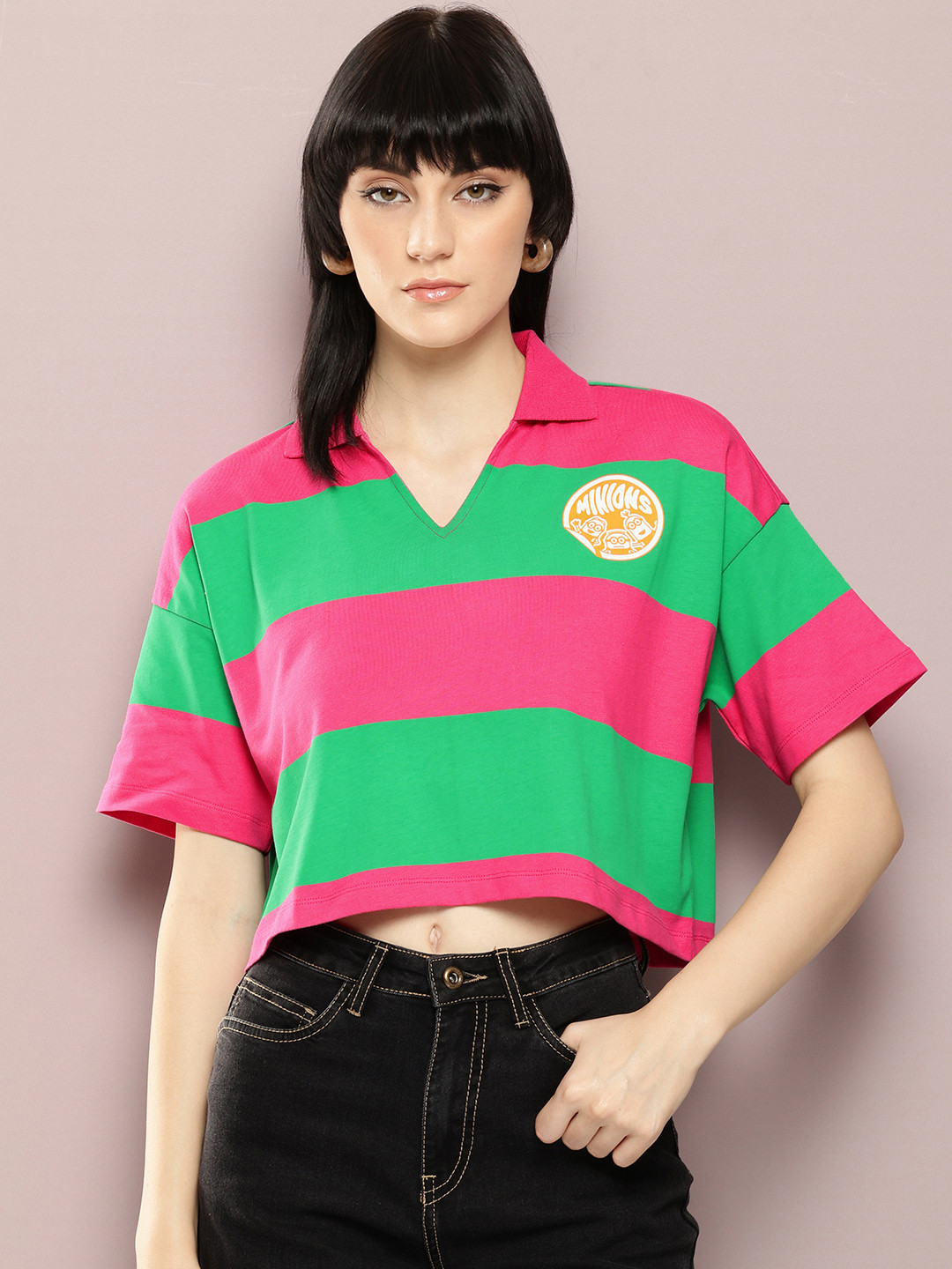 Kook N Keech Minions Striped Polo Collar Drop-Shoulder Sleeves Pure Cotton Boxy T-shirt