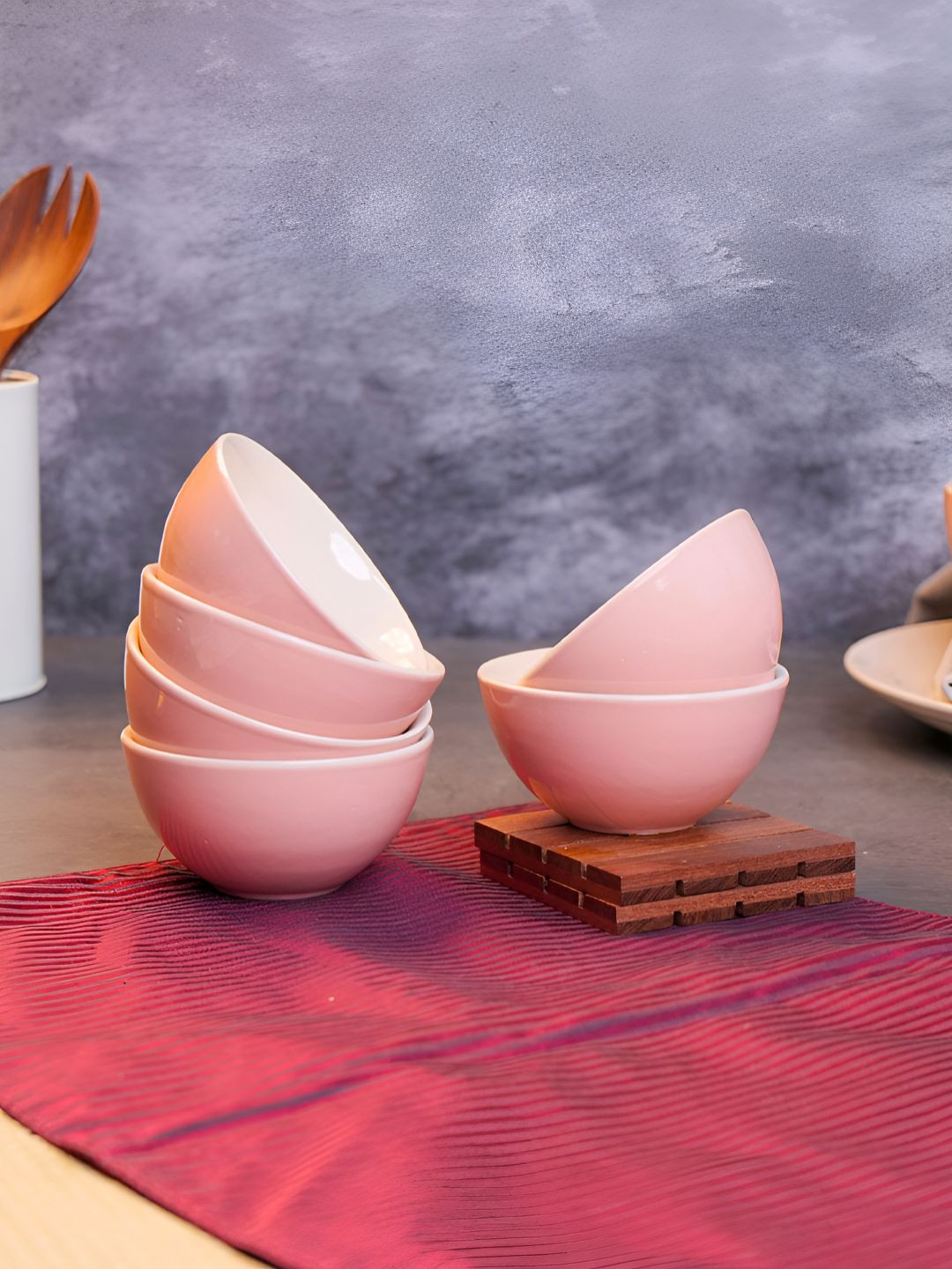 Aura Bloom Pink & White 6 Pieces Ceramic Glossy Finished Serving Bowls 150 ml Each
