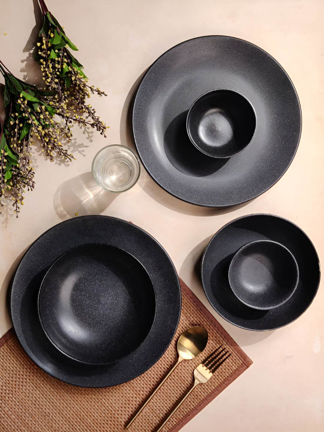 Aura Starry Nights Hand Made Black Solid Ceramic Microwave Safe 10 Piece Dinner Set