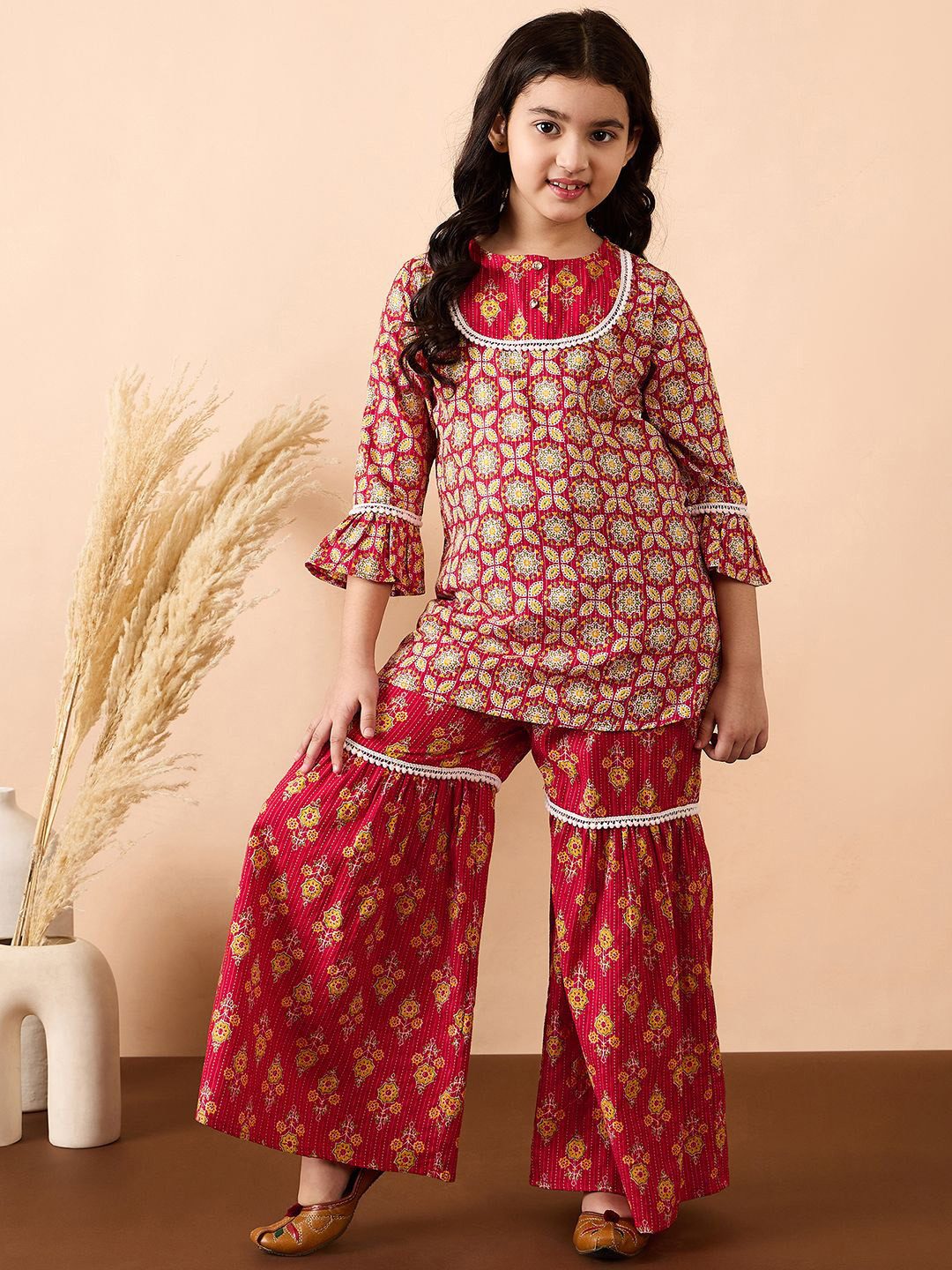 Stylo Bug Girls Ethnic Motifs Printed Thread Work Regular Kurta with Sharara