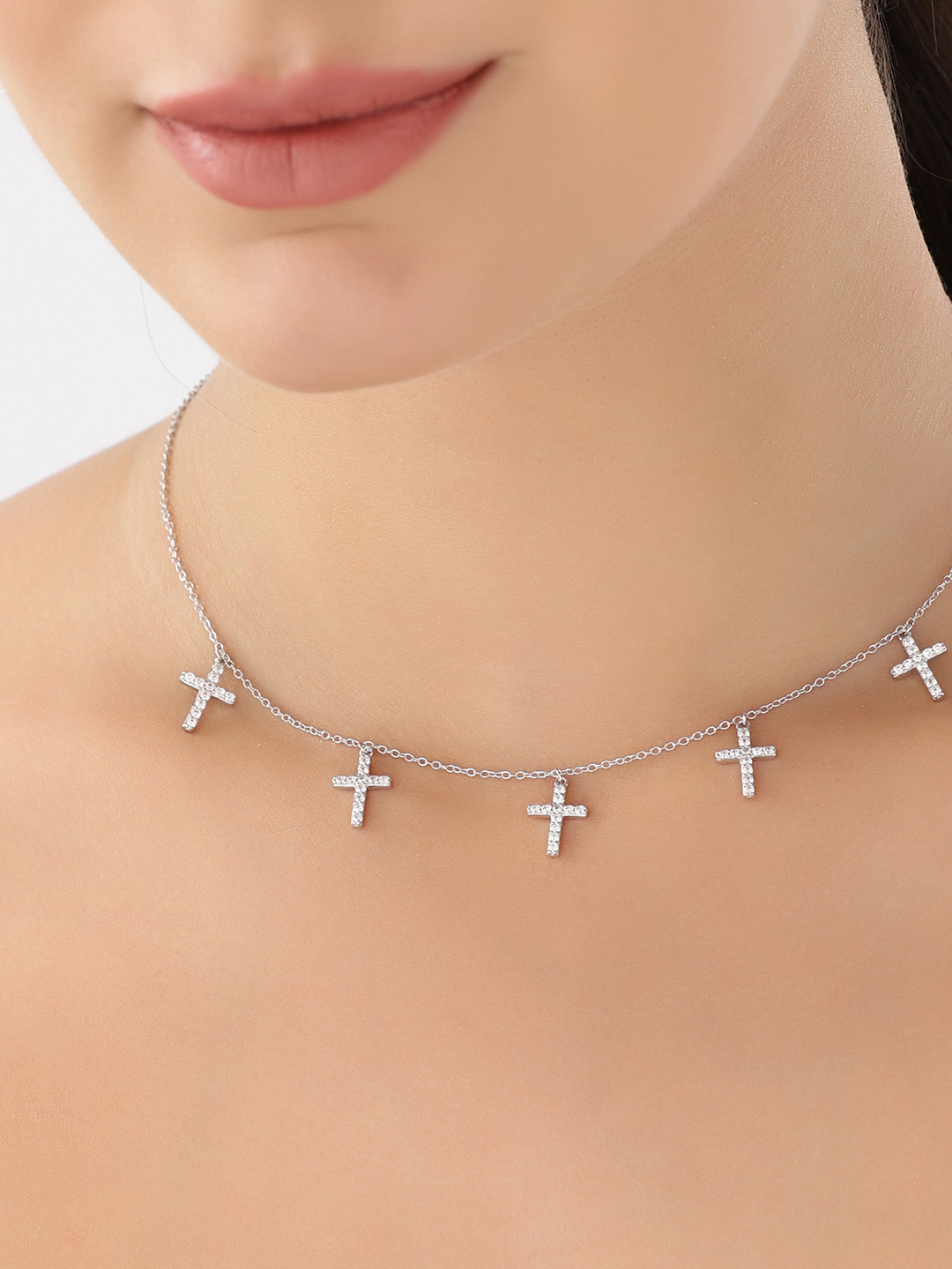 JUPRA Silver Holy Cross Studded Charms 925 Sterling Silver Necklace
