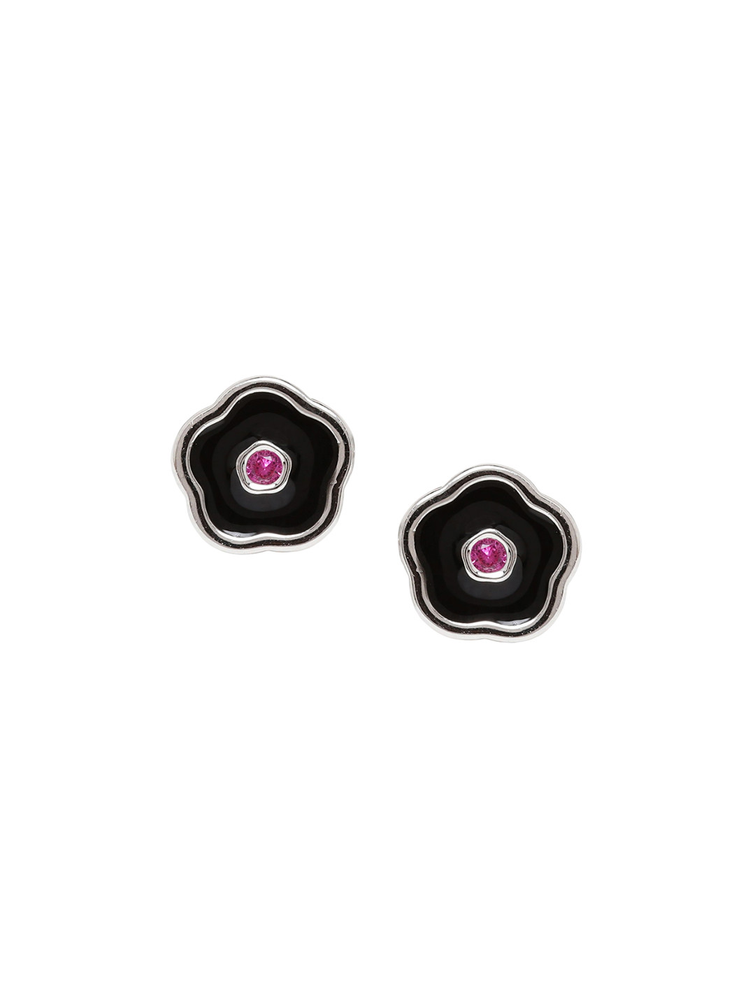 JUPRA Silver Black Enamel Floral Studds925 Sterling Silver Earrings