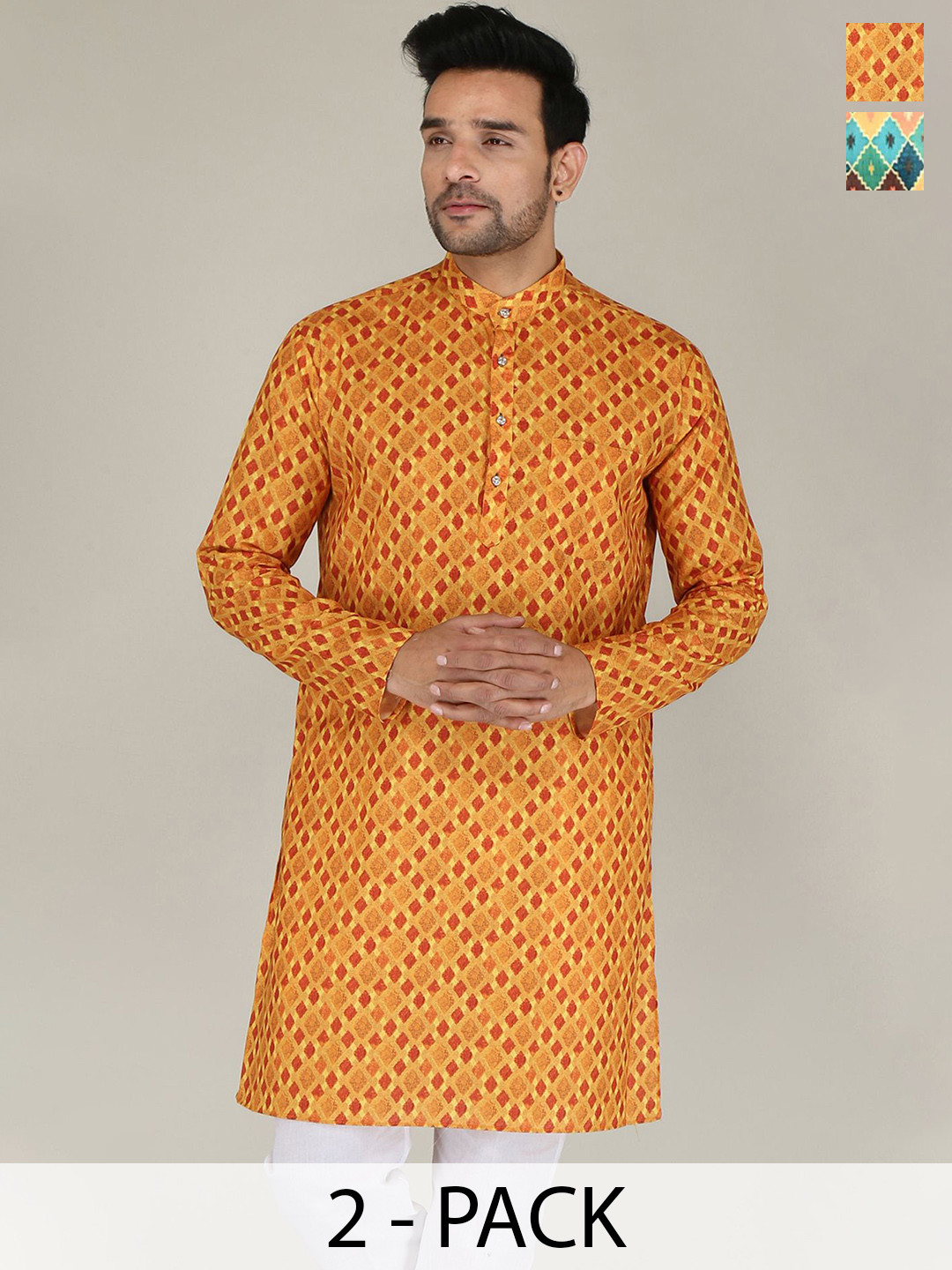 FUBAR Selection Of 2 Printed Mandarin Collar Knitted Weave Pure Cotton Straight Kurtas