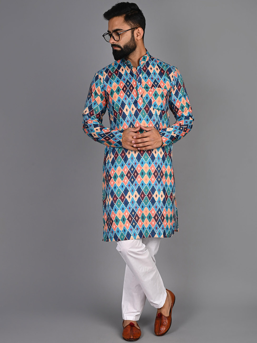 FUBAR Selection Of 2 Printed Mandarin Collar Knitted Weave Pure Cotton Straight Kurtas