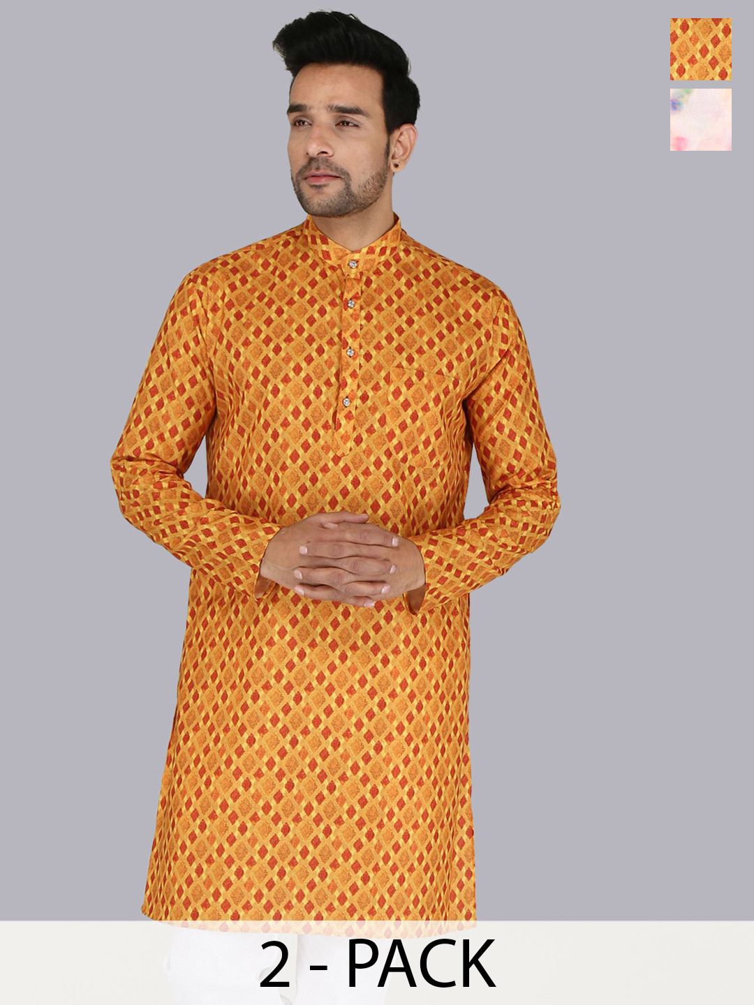 FUBAR Selection Of 2 Printed Mandarin Collar Knitted Weave Pure Cotton Straight Kurtas