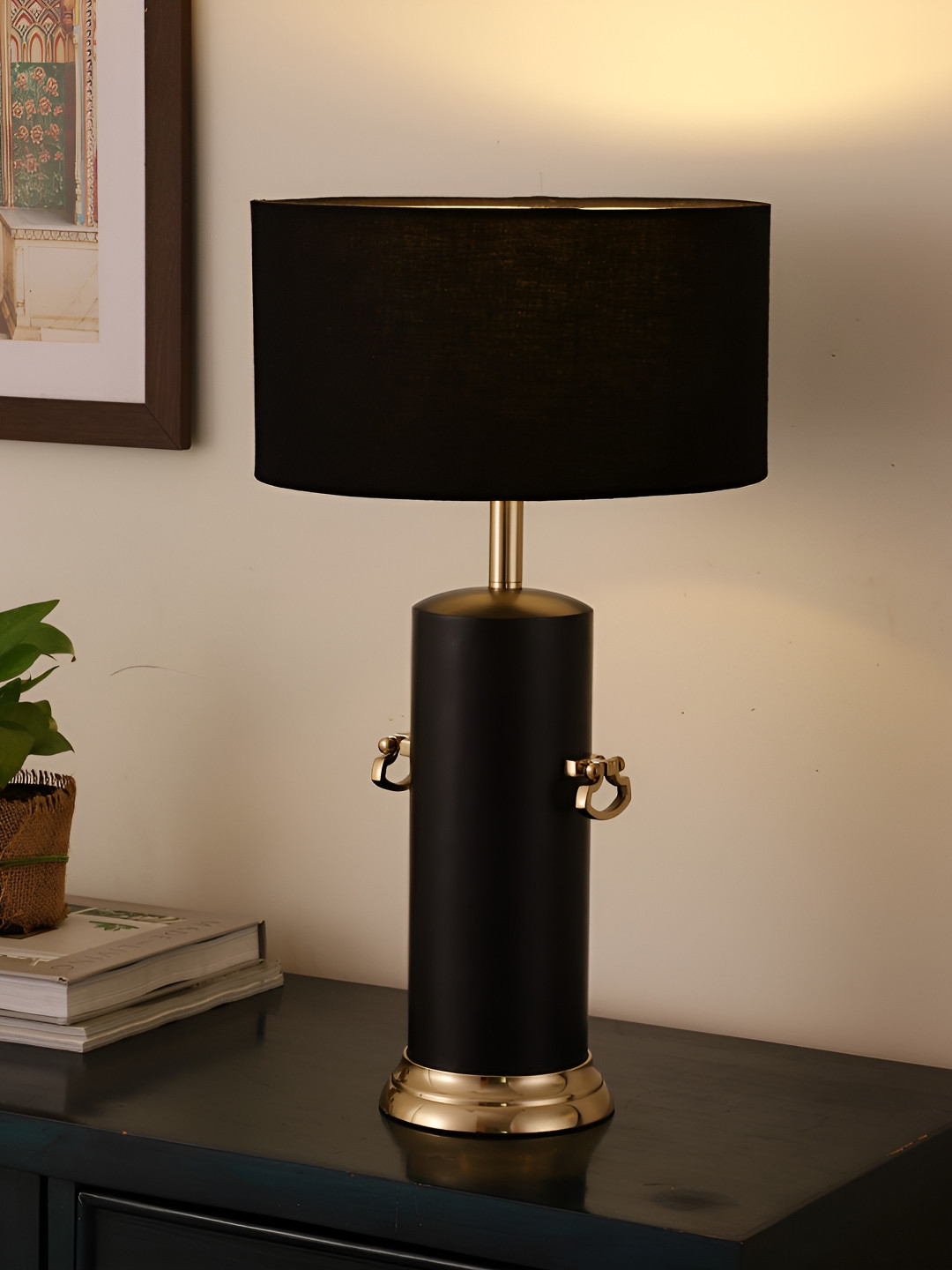 Decor de Maison Black & Gold Toned Iron Cylinder Shaped Table Lamp
