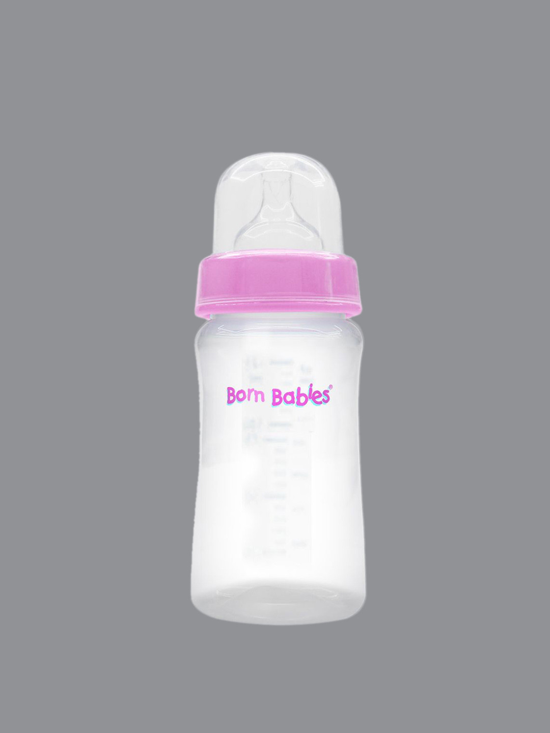 Born Babies Transparent & Pink Feeding Bottle With Silicone Nipple-250 ml