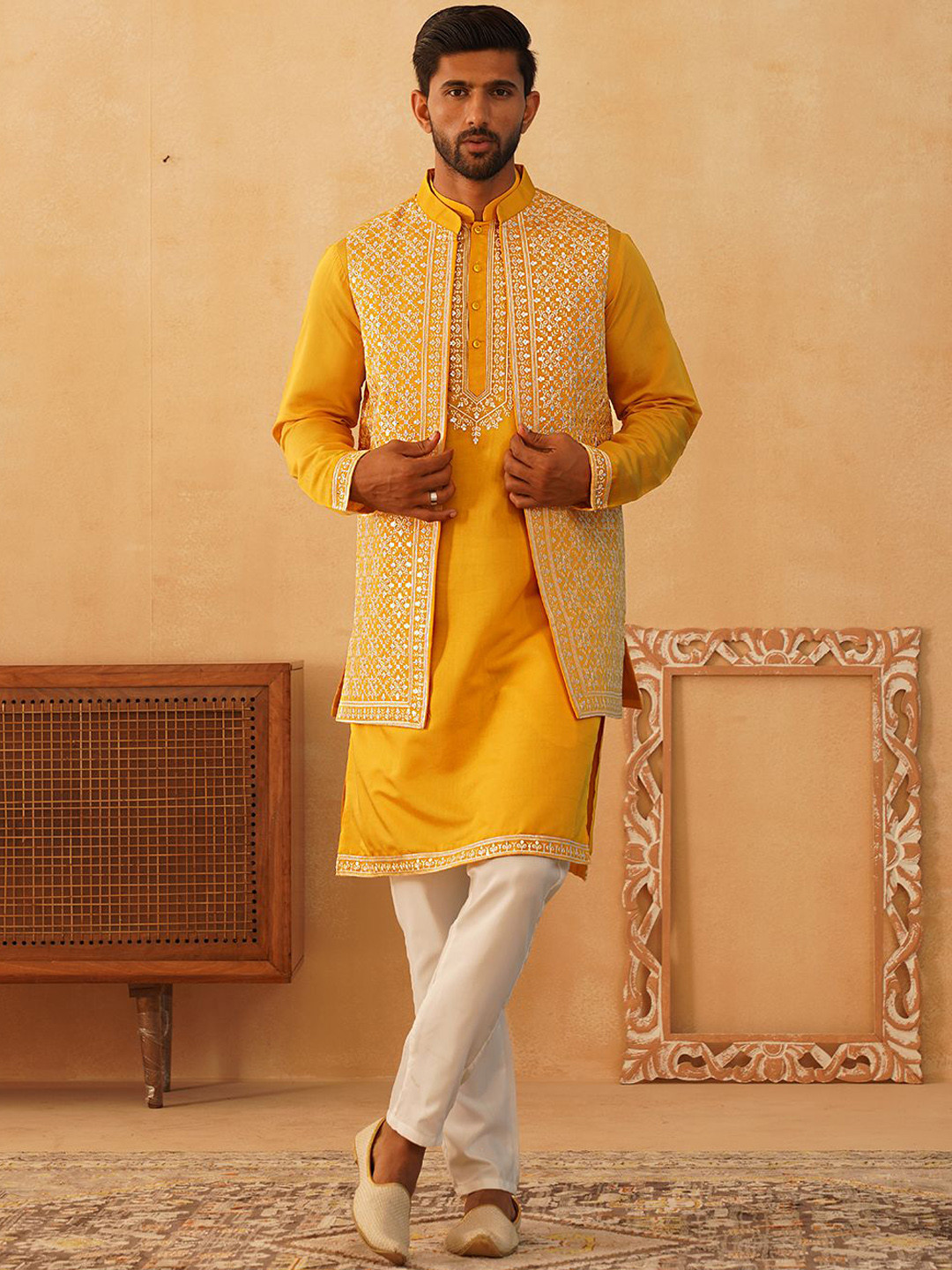 Jompers Floral Yoke Design Sequinned Regular Kurta with Pyjamas & Embroidered Waistcoat