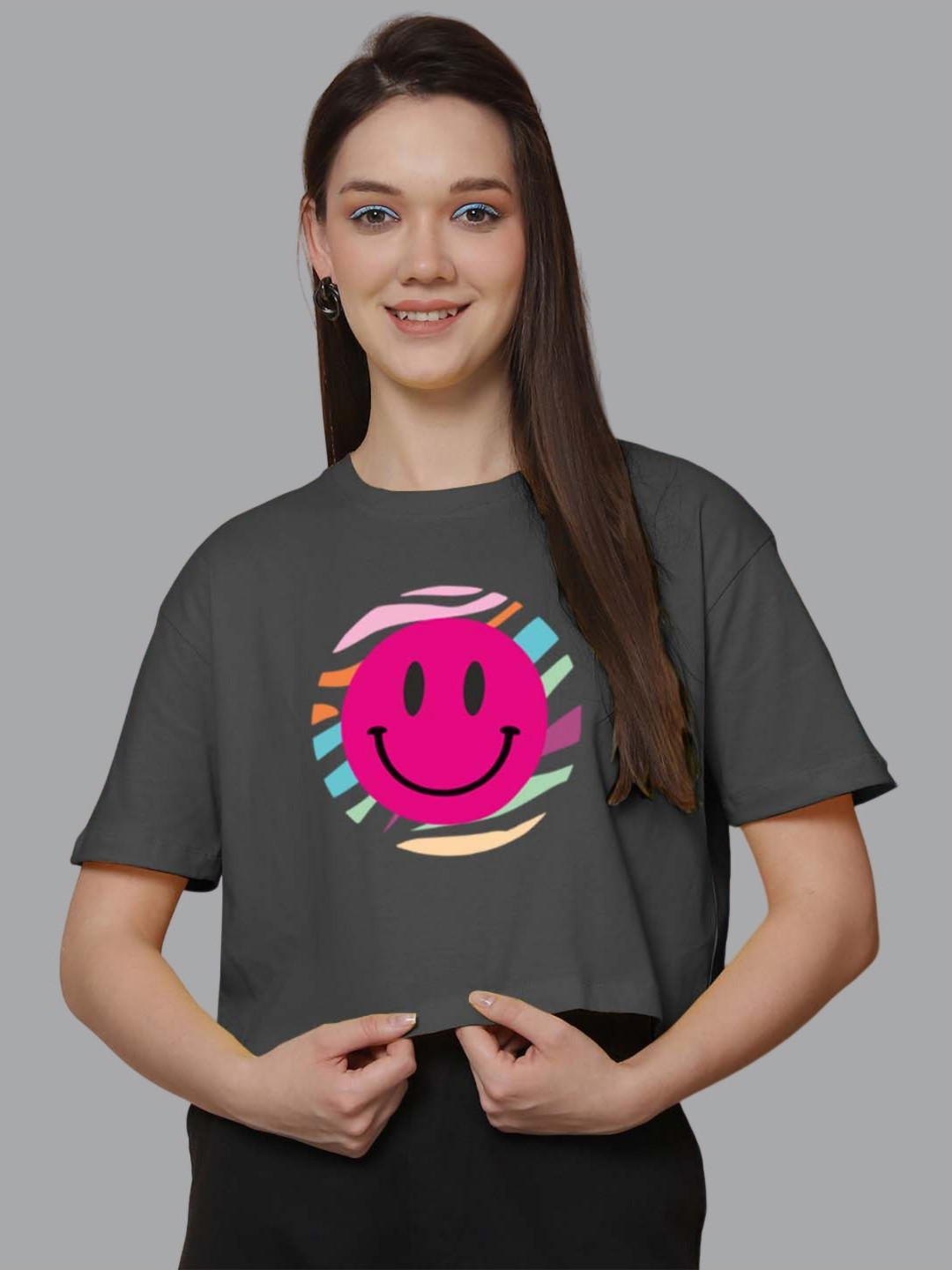 Friskers Women Grey Smiley Round Neck Oversized Tshirt