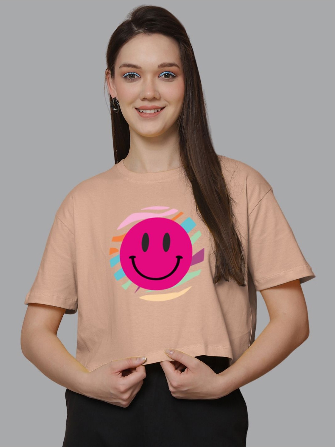 Friskers Women Round Neck Graphic Crop T-shirt