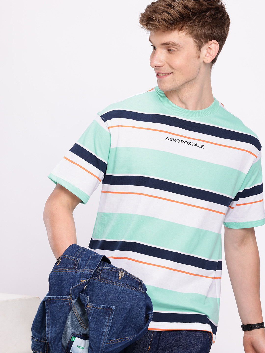 Aeropostale Pure Cotton Striped Drop-Shoulder Sleeves Relaxed Fit T-shirt