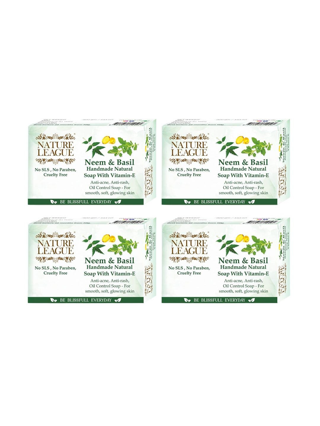 NATURE LEAGUE Set of 4 Neem & Basil Handmade Natural Soap with Vitamin E - 100 g each