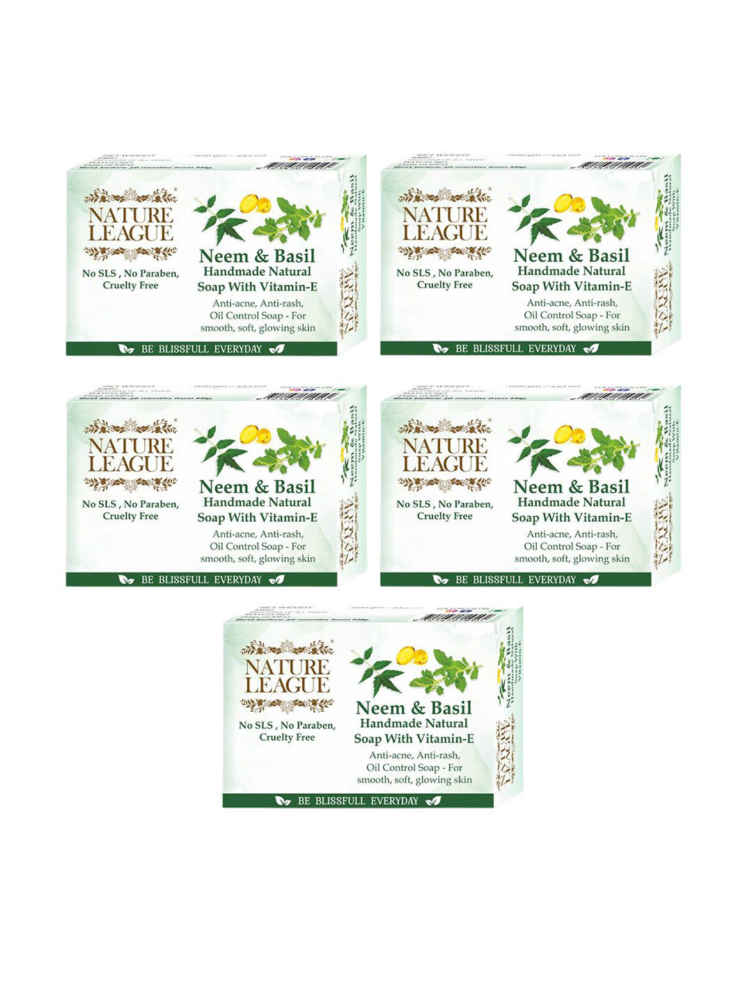 NATURE LEAGUE Set of 5 Neem & Basil Handmade Natural Soap with Vitamin E - 100 g each