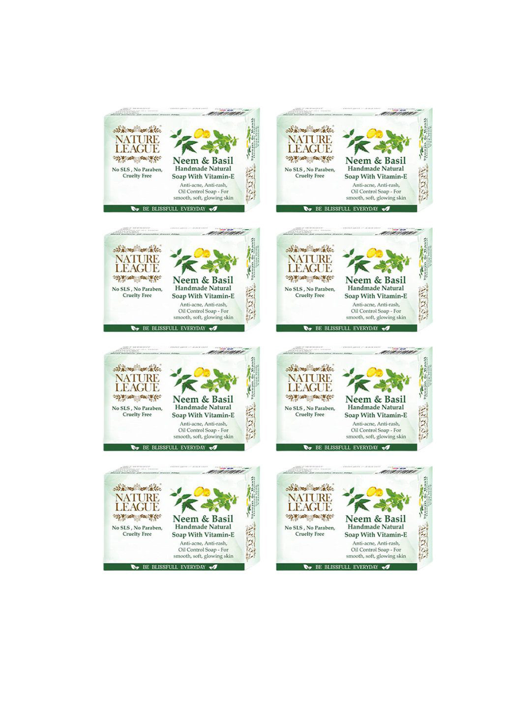 NATURE LEAGUE Set of 8 Neem & Basil Handmade Natural Soap with Vitamin E - 100 g each