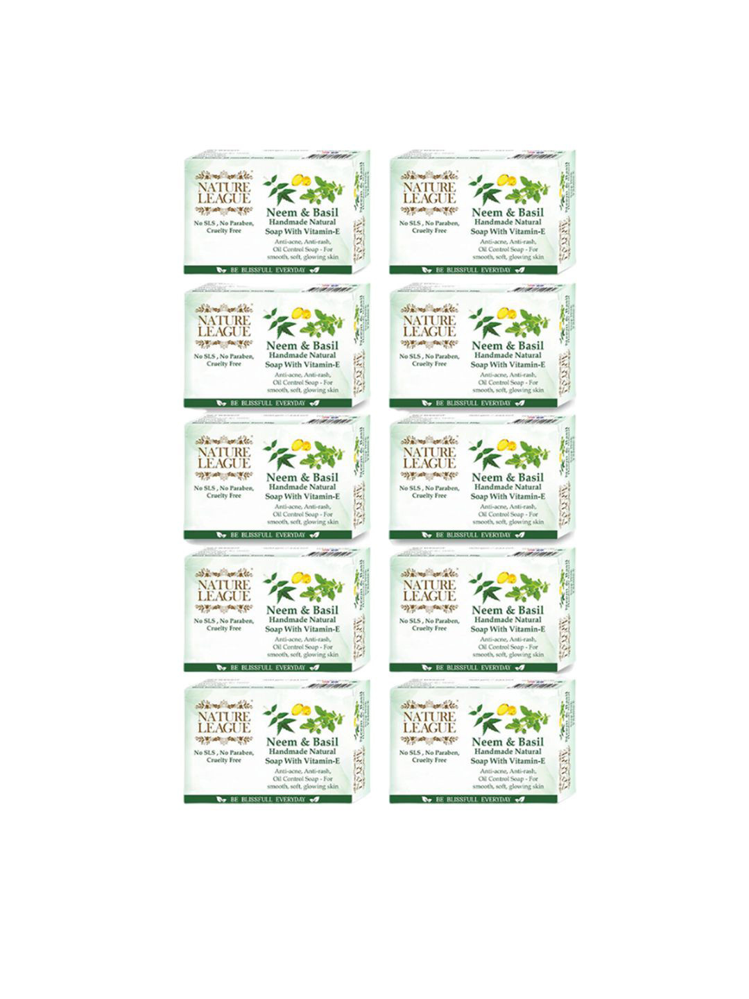 NATURE LEAGUE Set of 10 Neem & Basil Handmade Natural Soap with Vitamin E - 100 g each