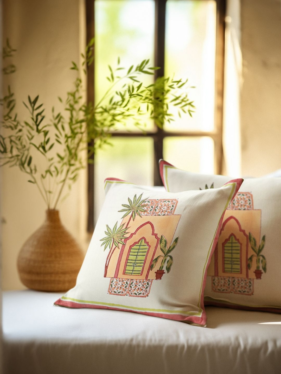 Baarno Peach Self Design Cotton Breathable 2 Piece Square Cushion Covers -16x16In
