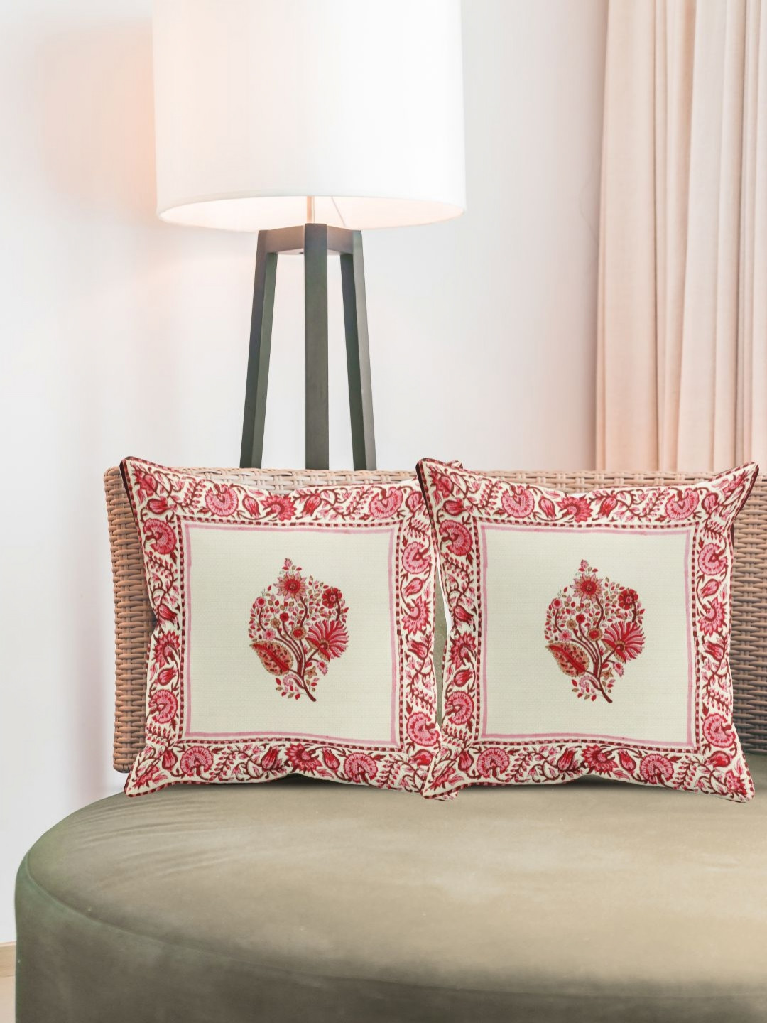 Baarno Hand Block Floral Cotton 2 Pcs Square Cushion Covers - 16 x 16 In