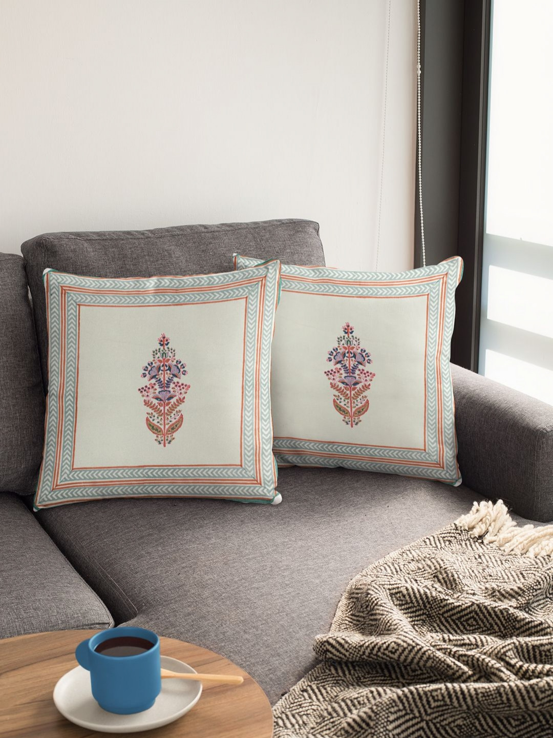 Baarno Hand Block Floral Cotton 2 Pcs Square Cushion Covers - 16 x 16 In