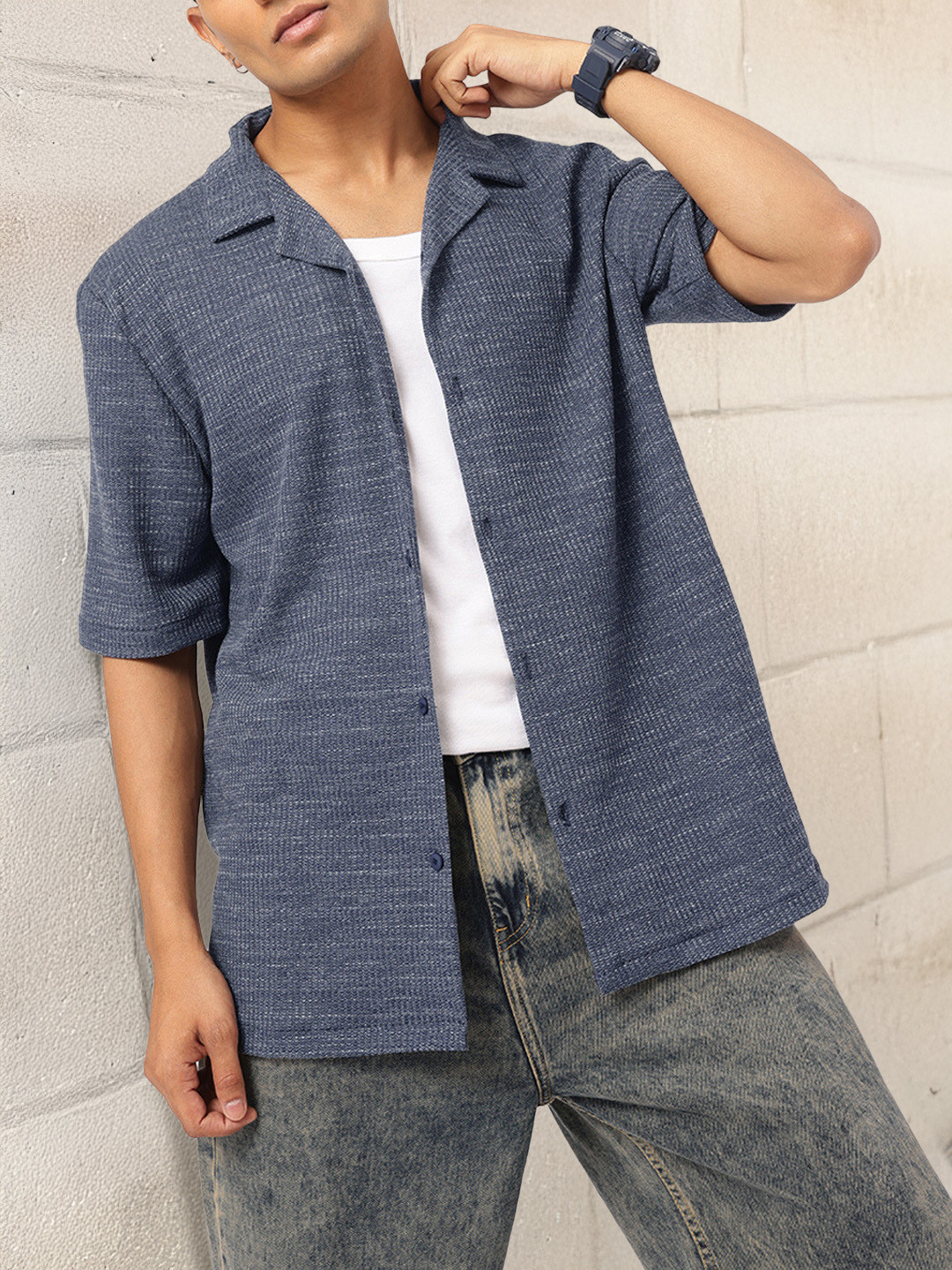 Kook N Keech Urban Oasis Cuban Collar Textured Longline Relaxed Fit Shirt