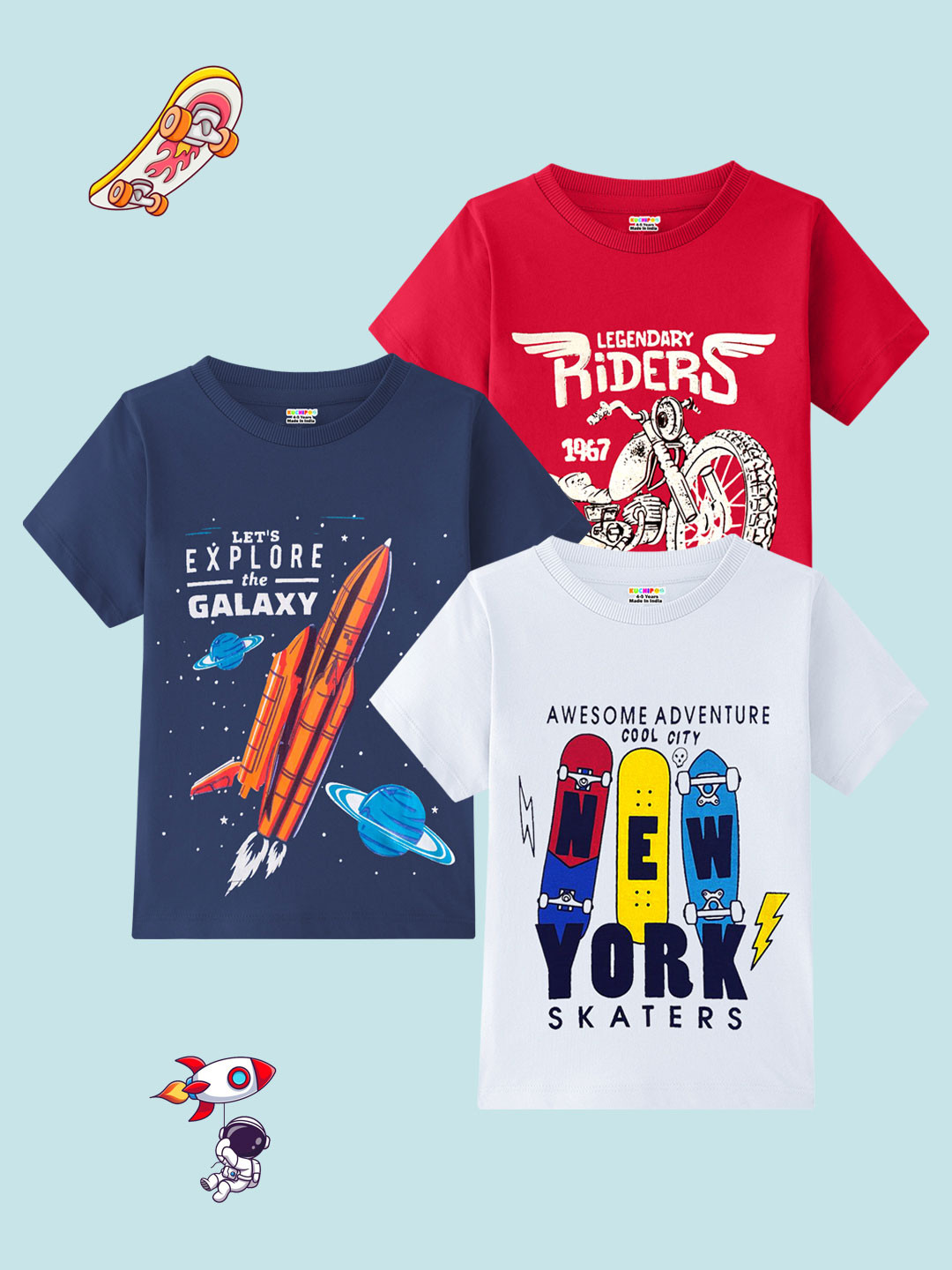 KUCHIPOO Boys Pack Of 3 Printed Cotton T-shirt