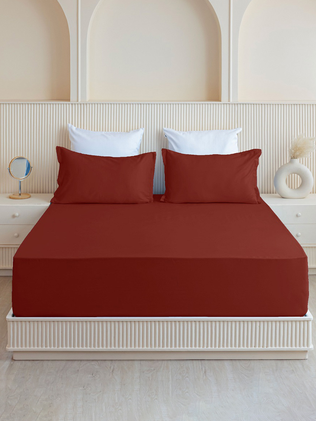 HOMEMONDE Maroon Cotton 210 TC Fitted Double Fine Bedsheet with a Pillow Cover-72 x 48 inches