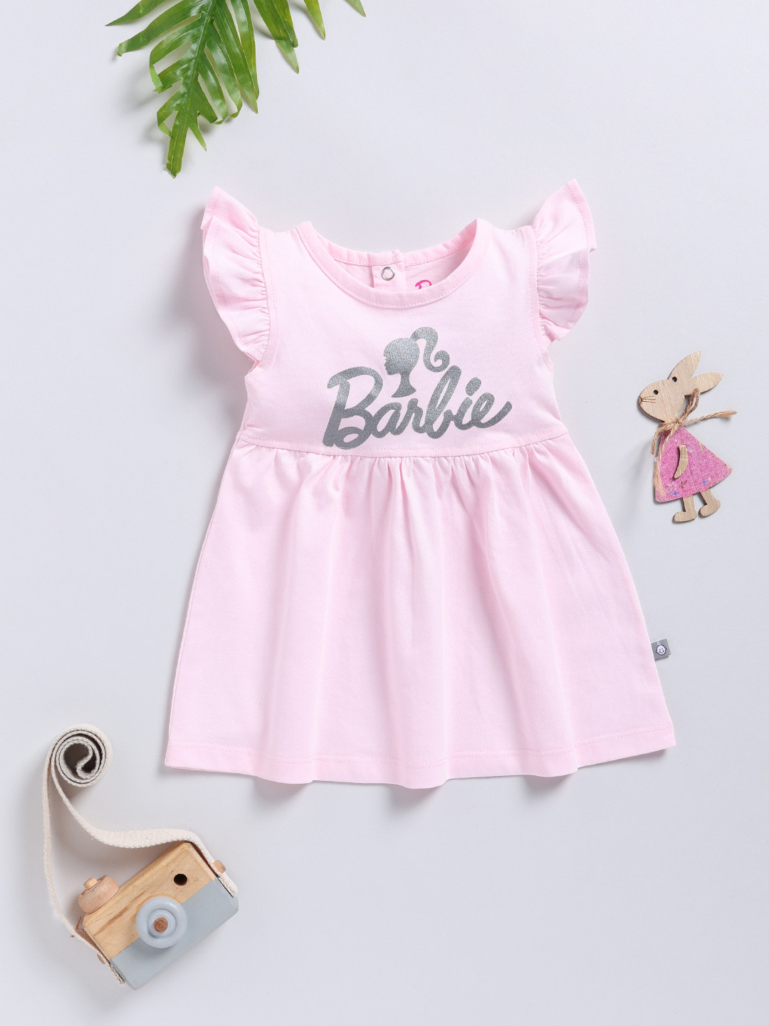 YK X Tinyo Infant Girls Typography Barbie Printed Flutter Sleeve Fit & Flare Dress