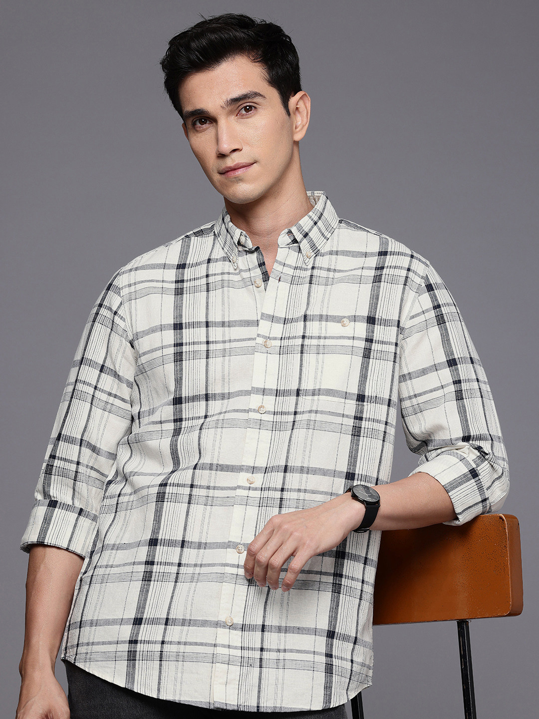 NEXT Cotton Linen Opaque Checked Casual Shirt