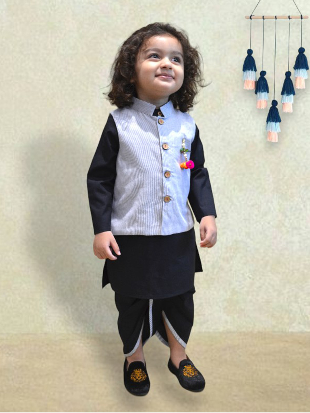 A.T.U.N. Boys 3 Piece Pure Cotton Kurta, Jacket with Dhoti Pants