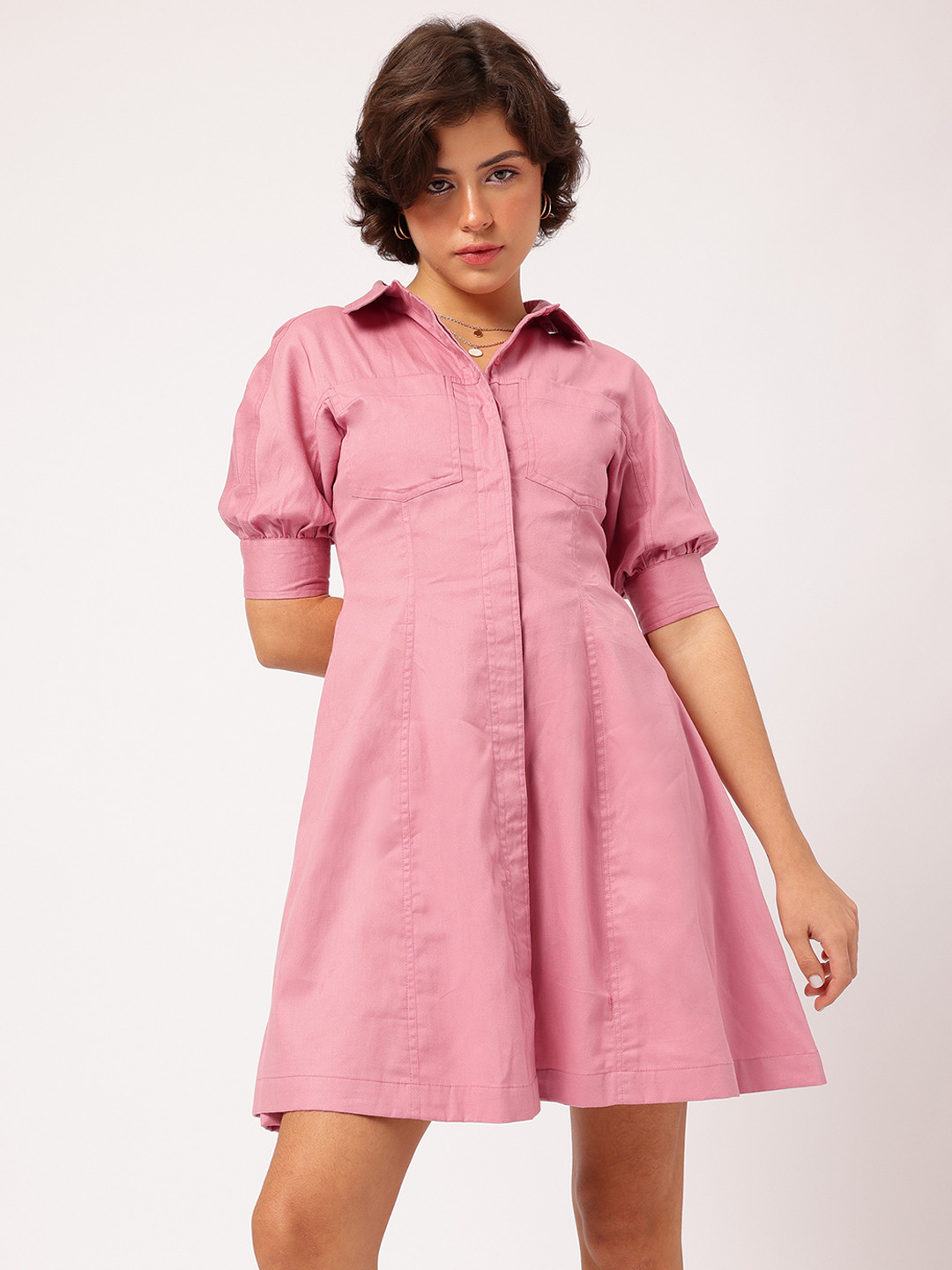 DressBerry Paneled Puff Sleeve A-Line Dress