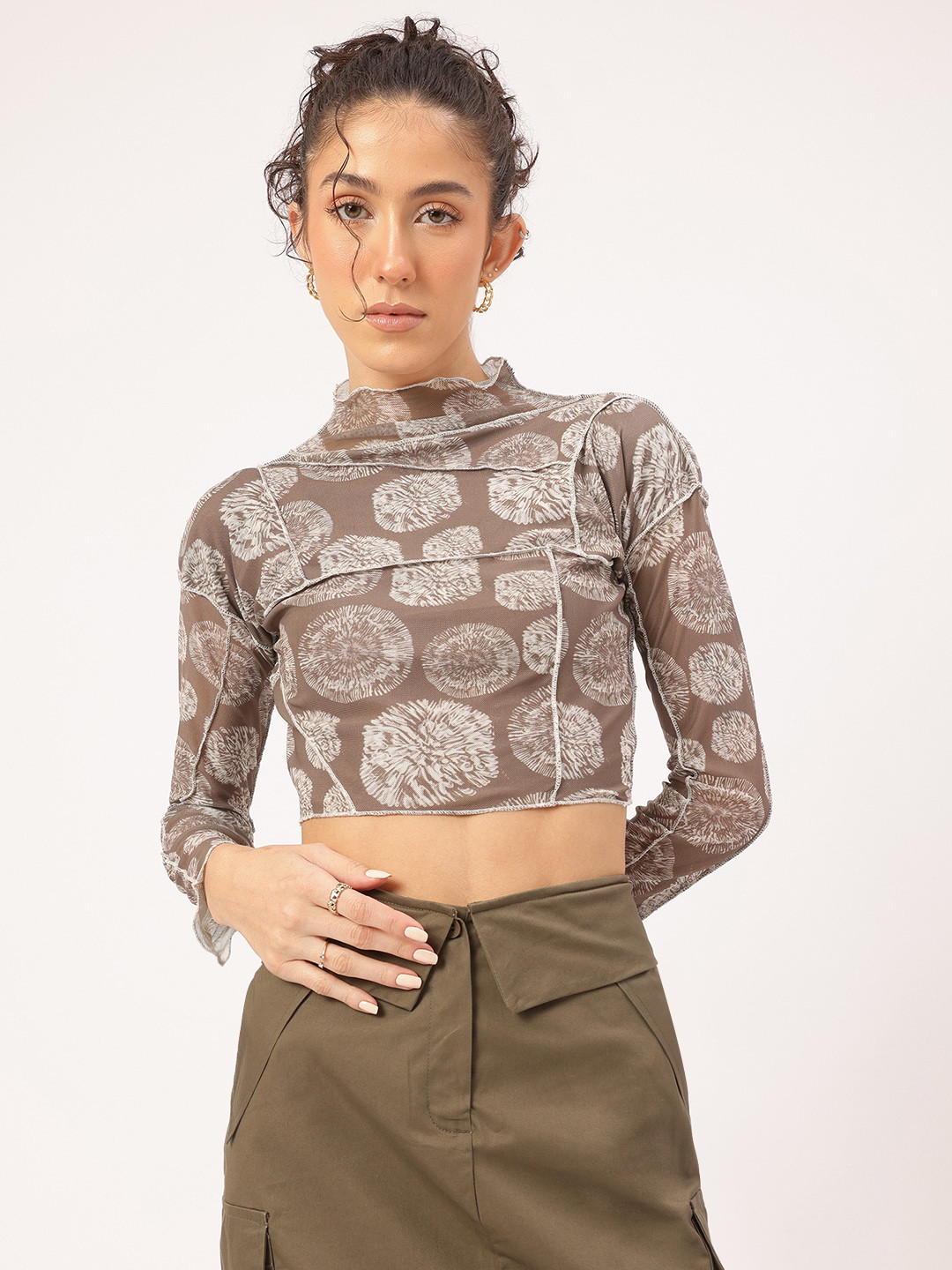 DressBerry Printed Mesh Fitted Crop Top