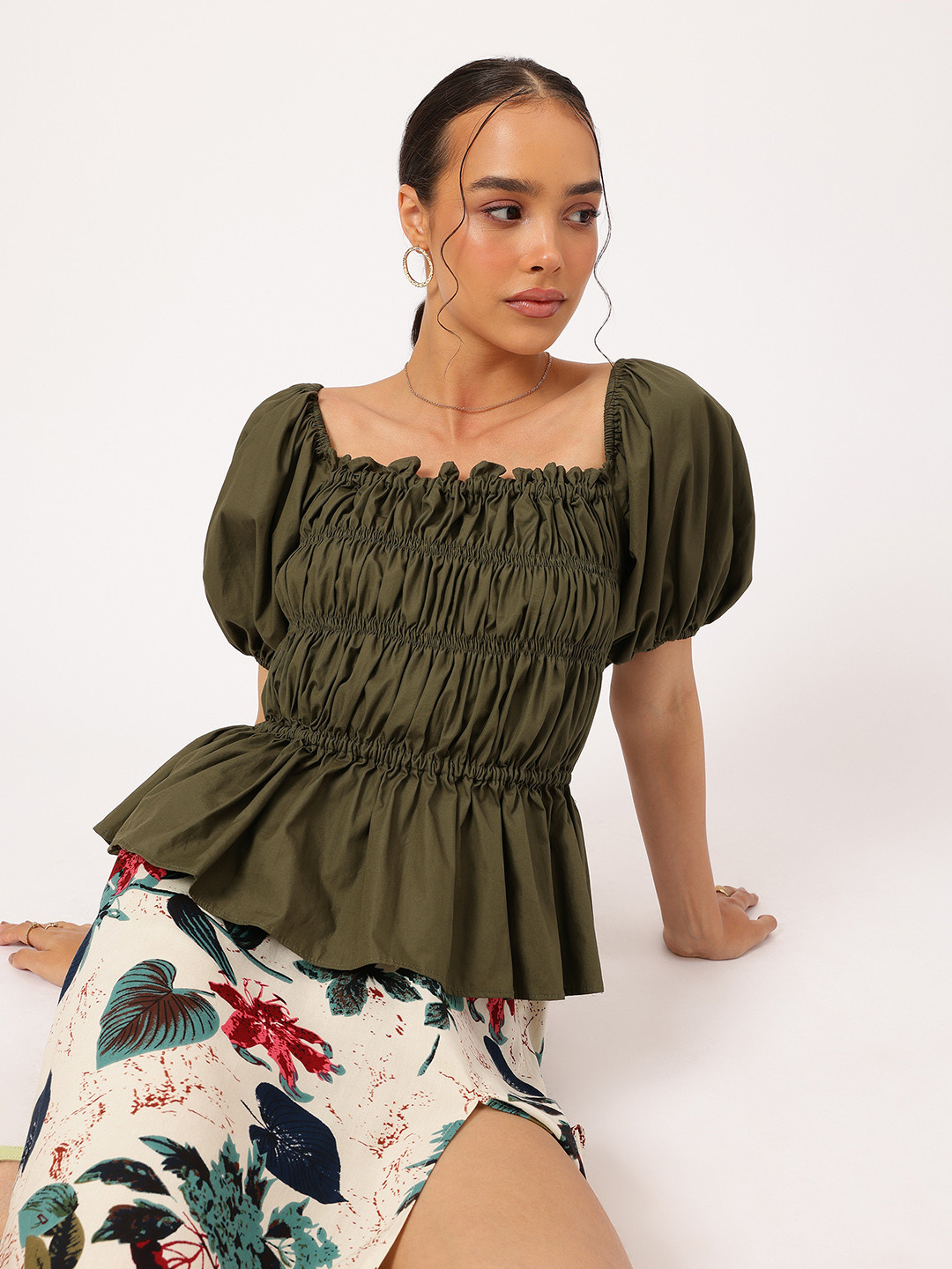 DressBerry Puff Sleeves Ruched A-Line Top