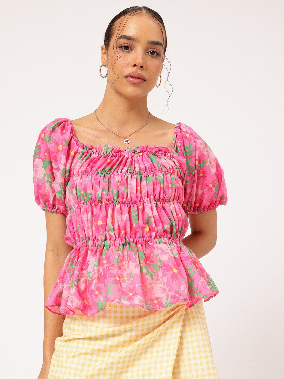 DressBerry Floral Print Smocked Fitted Top