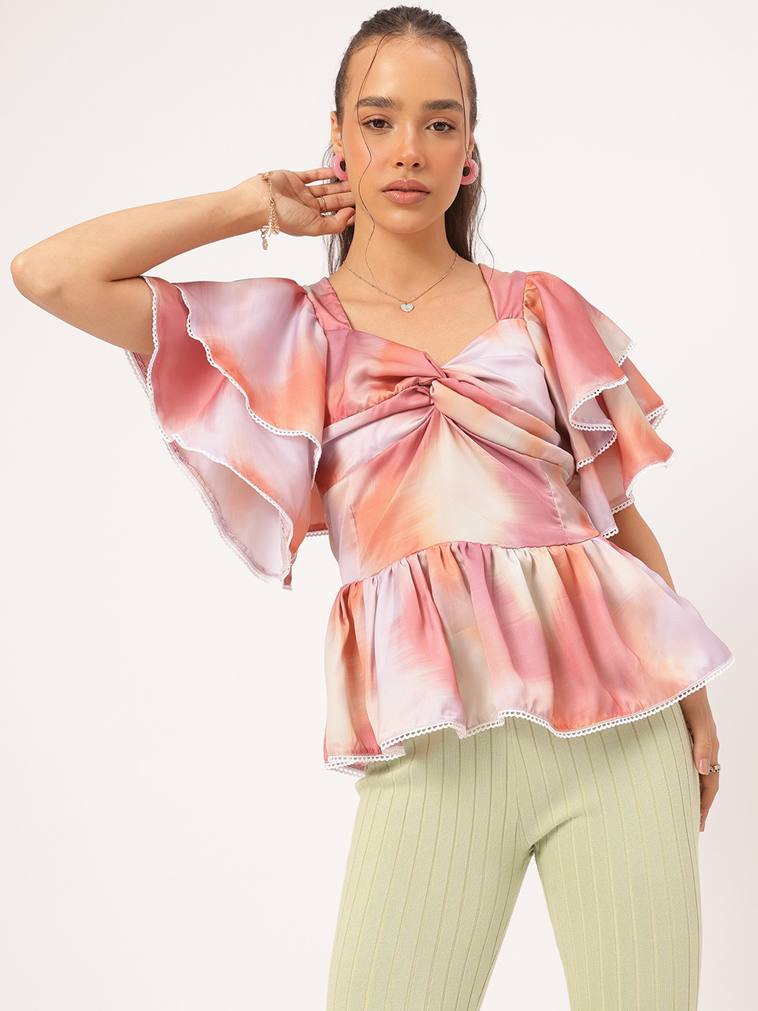 DressBerry Printed Twisted Flutter Sleeves Peplum Top