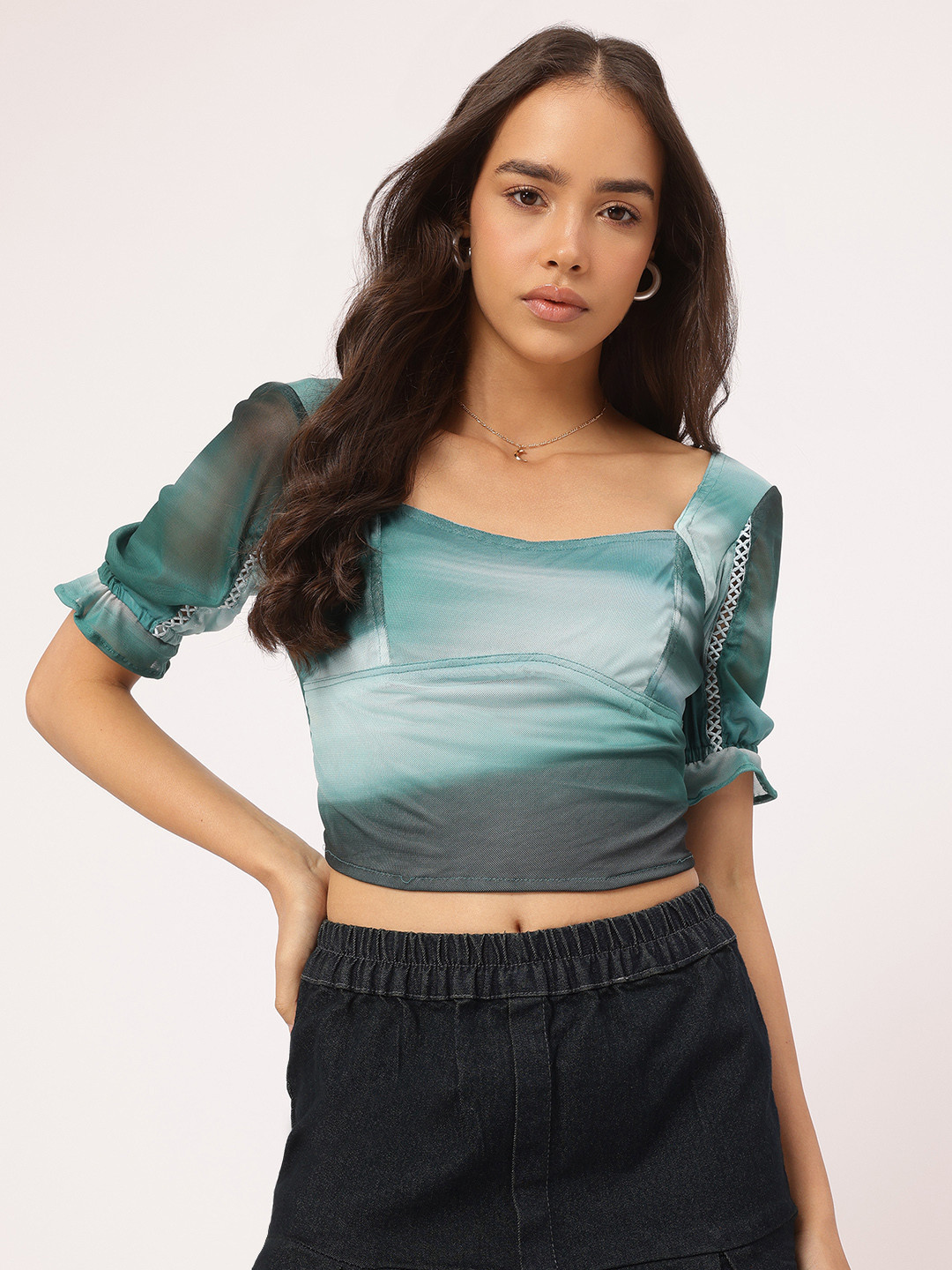 DressBerry Mesh Tie & Dye Lace Insert Crop Top