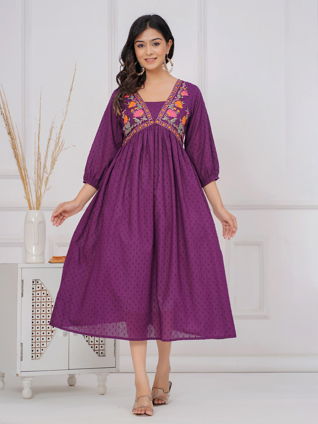 SARAI CREATIONS Cotton Dobby Purple Thread Embroidered A Line Midi Dress