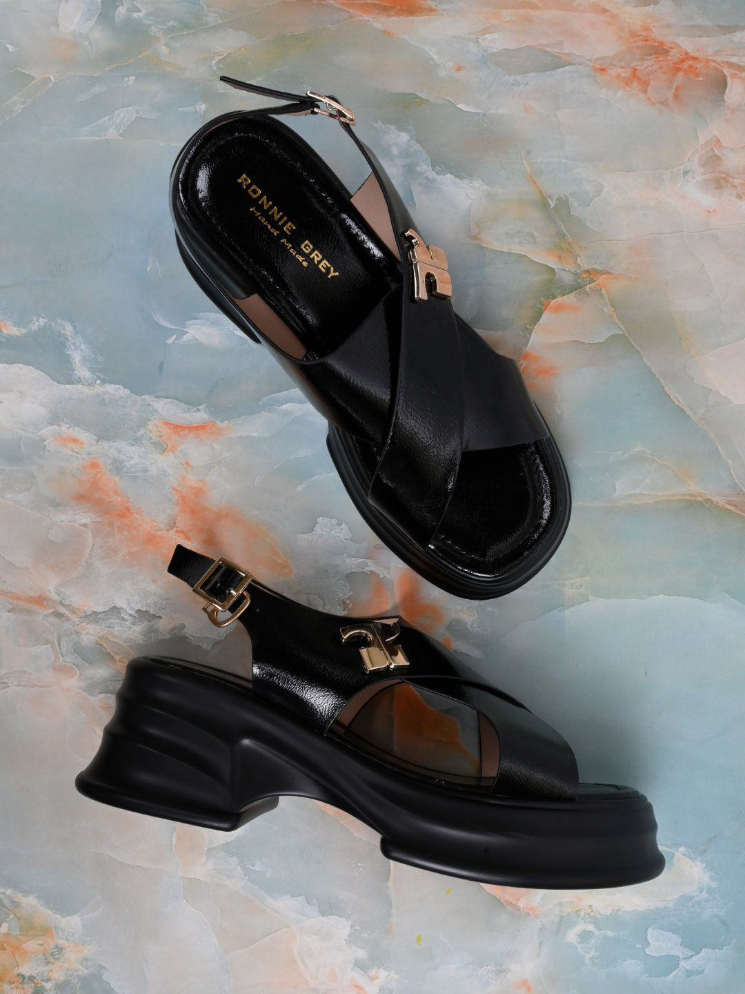 Ronnie Grey Women PU Open Toe Platform Sandals with Buckles