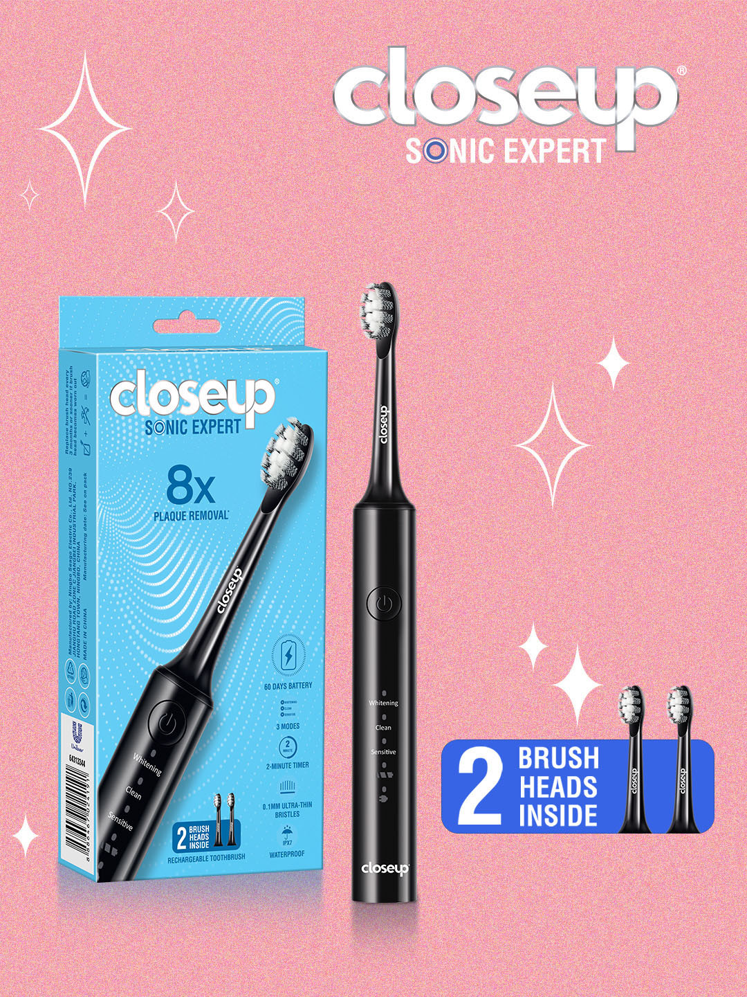 Closeup Sonic Expert 8x Plaque Removal Electric Toothbrush & 2 Replaceable Heads - Black