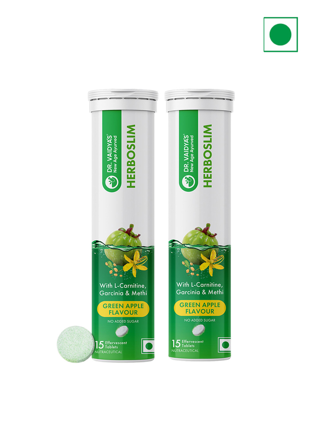 DR. VAIDYA'S Set Of 2 Herboslim Tablets - 15 Effervescent Tablets Each-Green Apple Flavor